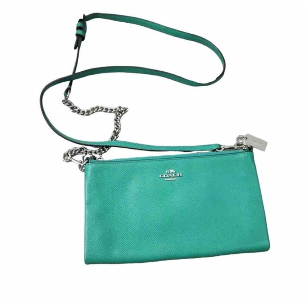 Coach Crossbody Bag Teal‎ Green Crossgrain Leather Silver Chain Strap  Y2K 40-14 - Picture 6 of 11